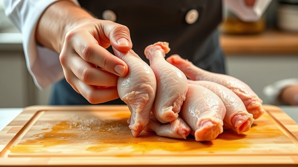 Professional chef holding freshly separated raw chicken wings over cutting board, natural kitchen lighting, close-up showing pale unblemished skin