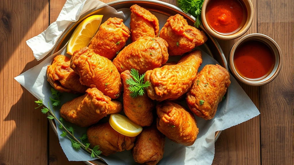 Overhead view of fried chicken wings plated with fresh herbs, lemon, and dipping sauces in small bowls, rustic wooden table, warm natural light