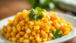 Golden-brown crispy fried corn kernels piled on white plate, glistening with oil, fresh parsley garnish, shallow depth of field, natural daylight, appetizing food photography