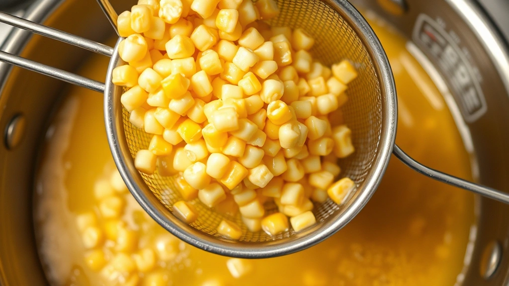Overhead shot of corn kernels being lowered into bubbling golden oil with metal spider strainer, thermometer visible showing temperature, professional kitchen lighting, dynamic action moment