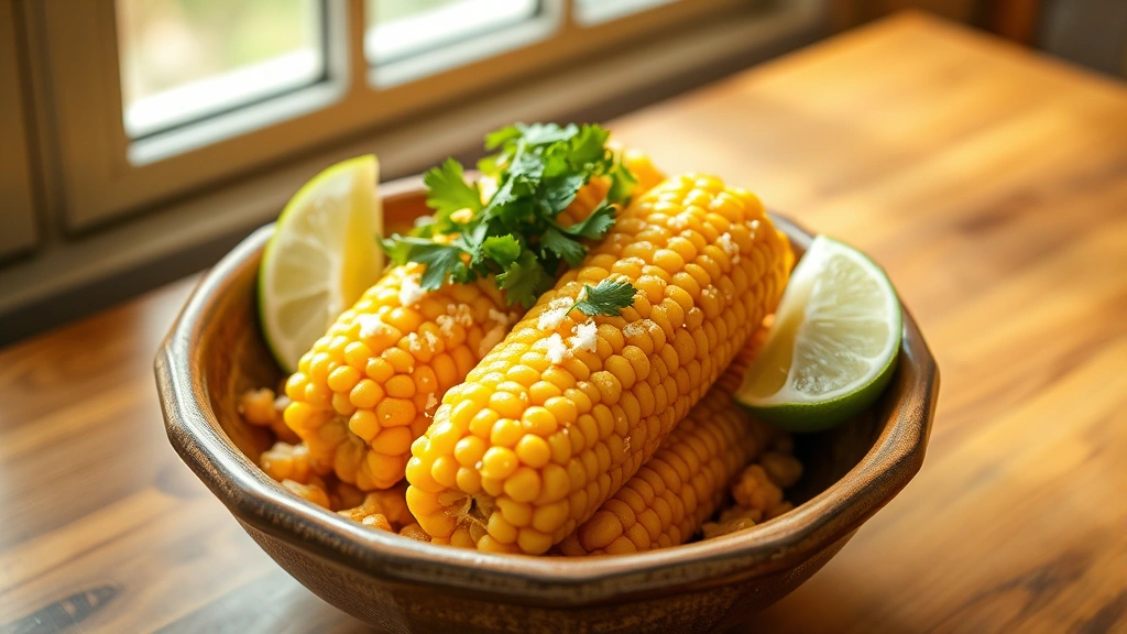 Finished fried corn in rustic ceramic bowl with lime wedges and cilantro, wooden table surface, warm natural light from window, casual home dining aesthetic, garnished and ready to serve