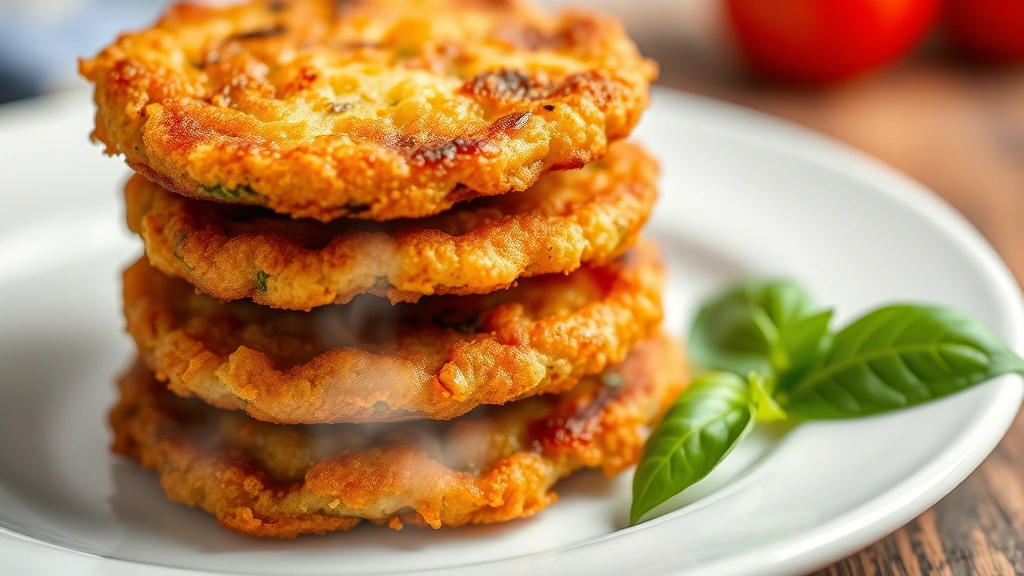 Close-up of golden-brown fried green tomato slices stacked on white plate with steam rising, crispy breading visible, fresh basil garnish nearby