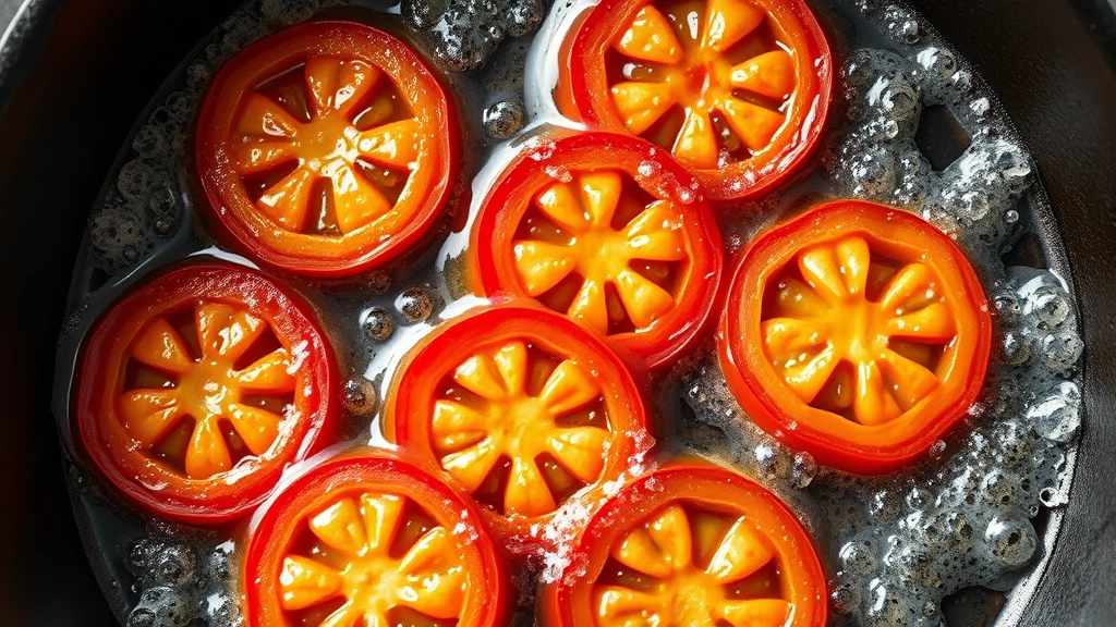 Wide overhead shot of cast iron skillet with bubbling oil, multiple tomato slices frying simultaneously showing golden exterior and bubbling edges