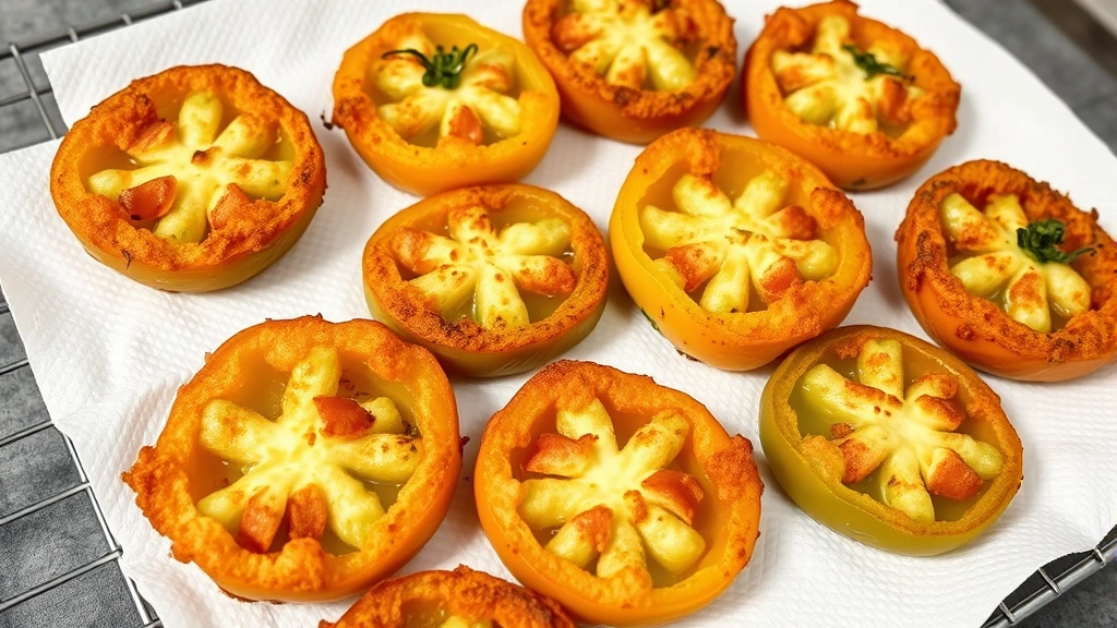 Finished fried green tomatoes arranged on wire rack with paper towels, showing contrast between crispy golden coating and tender interior, natural daylight