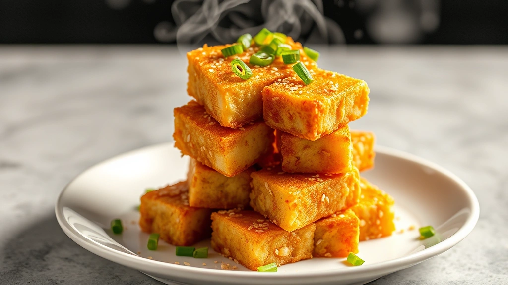Golden-brown crispy fried tofu cubes stacked on white plate with sesame seeds and green onion garnish, steam rising, professional food photography lighting
