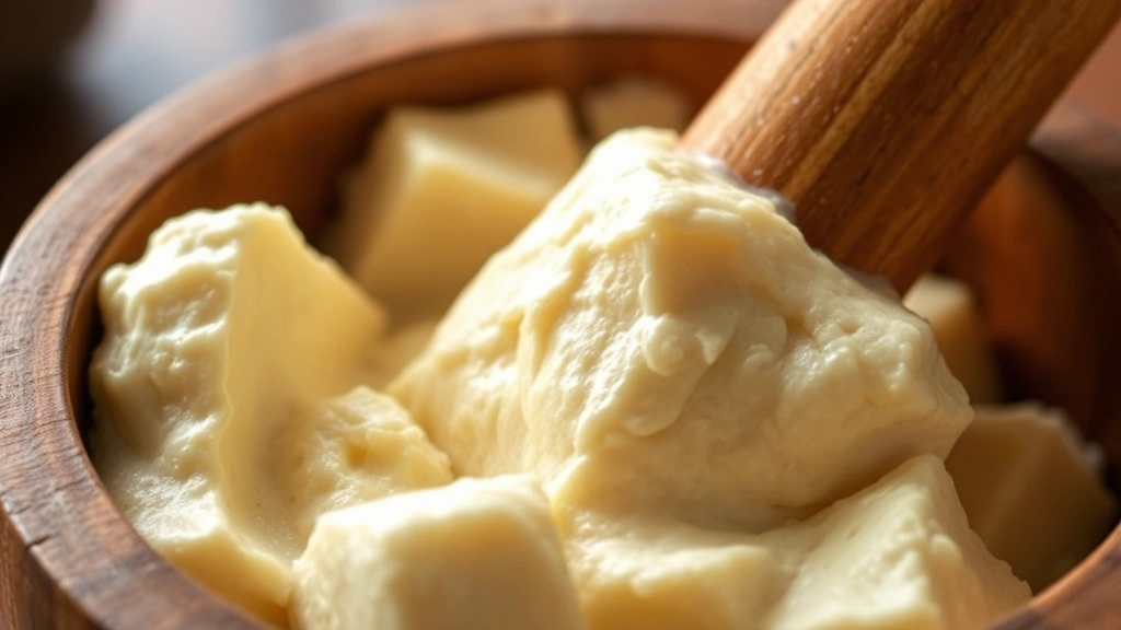 Close-up of freshly pounded fufu in wooden mortar with wooden pestle, showing smooth creamy texture and slight steam rising, warm golden lighting