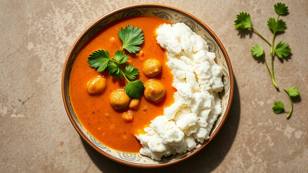 Overhead shot of white fufu paste on plate with rich orange groundnut soup in decorative ceramic bowl, fresh green vegetables garnish, natural daylight