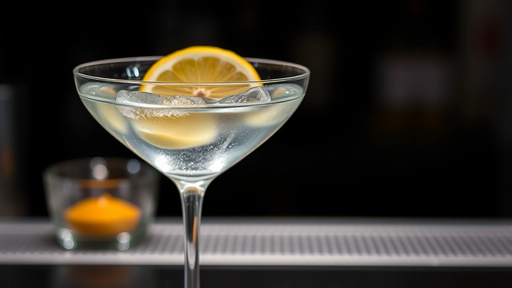 Close-up of a perfectly prepared gin martini with a lemon twist in a chilled coupe glass, showing ice crystals on the glass rim and clear liquid with a slight sheen, professional bar setting with soft lighting