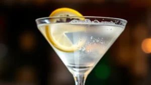 Close-up of a perfectly chilled gin martini with lemon twist garnish, condensation on the glass, clear liquid, professional bar lighting, shallow depth of field