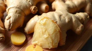 Fresh ginger root selection showing various stages of ripeness, close-up of peeled and unpeeled ginger on wooden cutting board with morning light