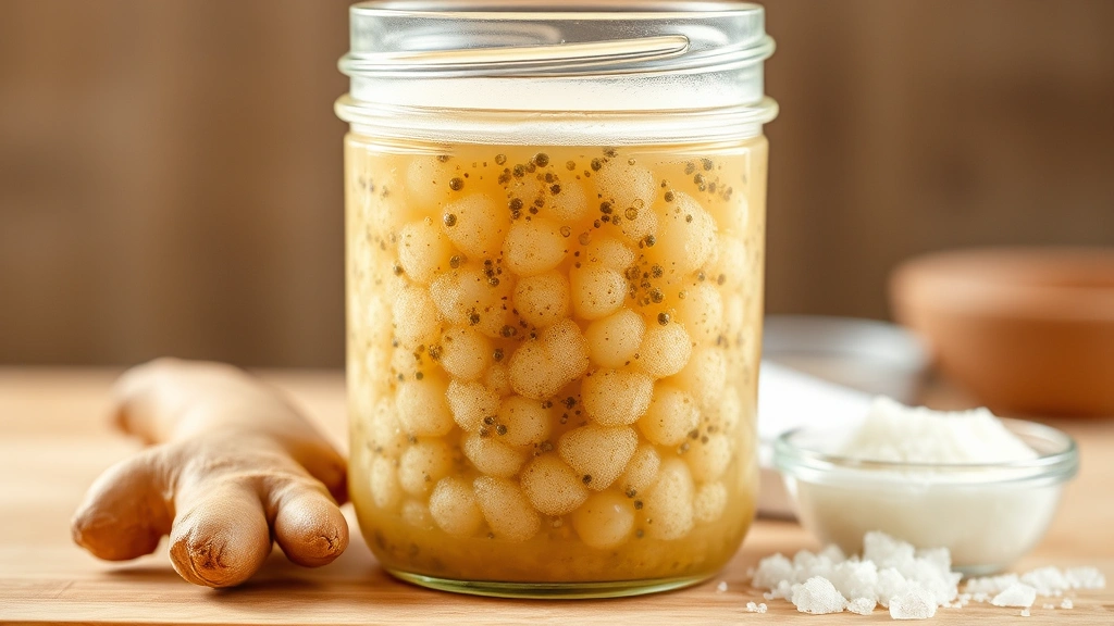 Active ginger bug starter culture in glass jar showing visible bubbles and fermentation activity, alongside fresh ginger and sugar ingredients
