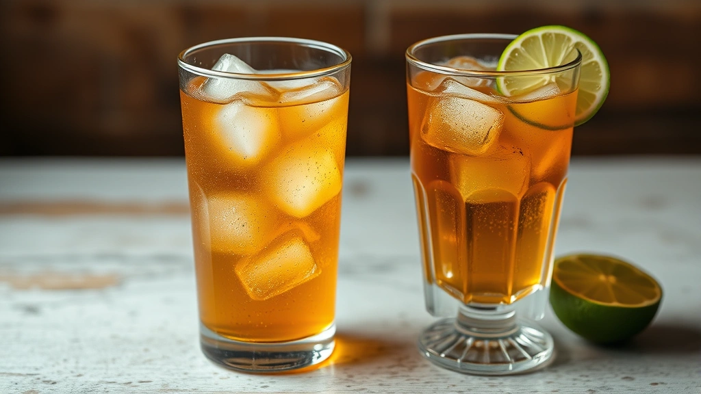 Finished homemade ginger beer served in vintage glassware with ice and fresh lime garnish, carbonation bubbles visible, cool refreshing beverage presentation