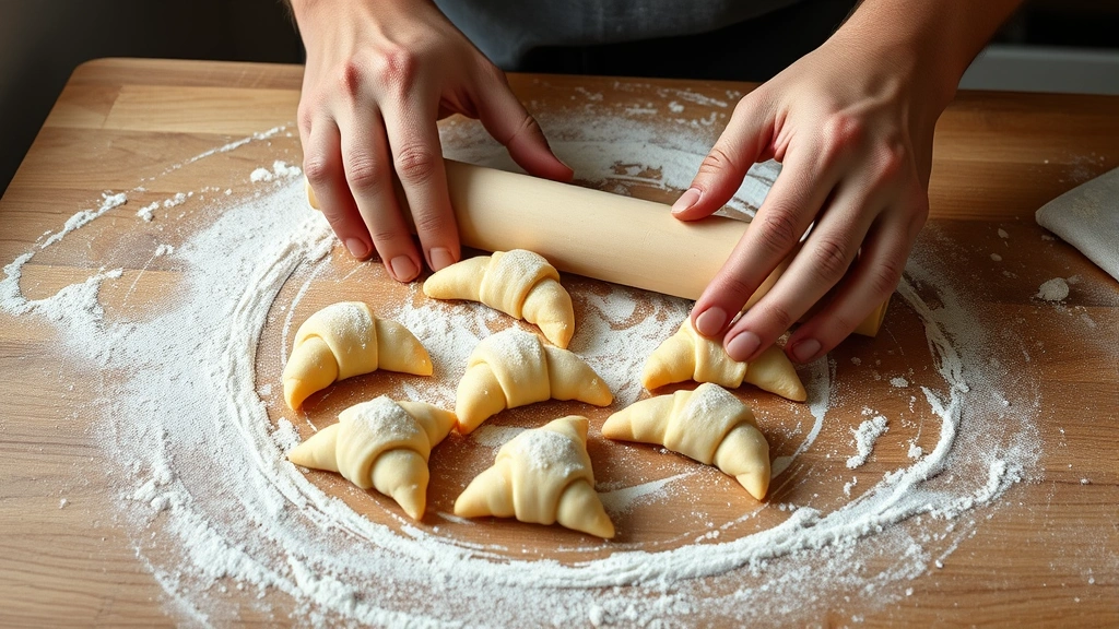 Swiss baker's hands skillfully rolling gipfeli triangles into crescent shapes on flour-dusted wooden work surface, showing the rolling motion and dough texture, natural bakery lighting