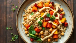 Vibrant overhead shot of a colorful grain bowl featuring roasted vegetables, quinoa, chickpeas, and tahini drizzle on a ceramic plate with fresh herbs scattered on top