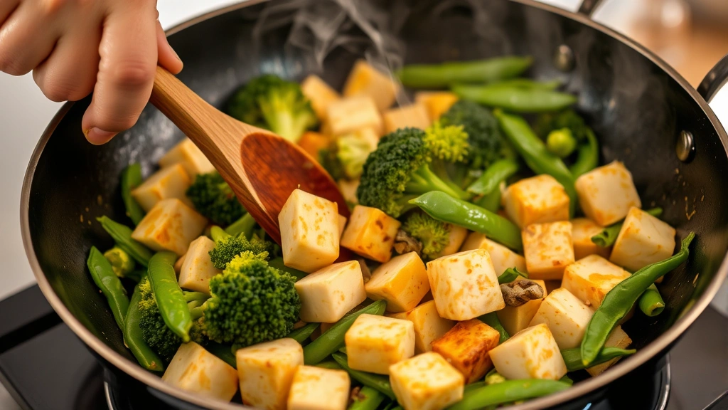 Close-up of hands preparing a fresh vegetable stir-fry with tofu cubes, broccoli, and snap peas in a hot wok with steam rising, wooden utensils visible