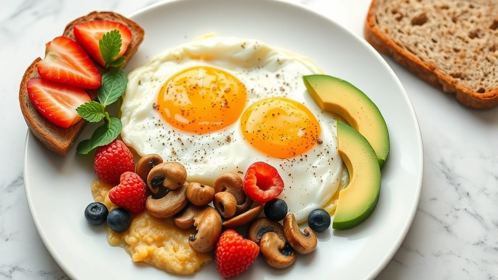 Beautiful plated breakfast of scrambled eggs with sautéed mushrooms, avocado slices, and fresh berries on a white plate with whole grain gluten-free toast on the side