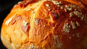 Close-up of golden-brown gluten-free bread loaf with perfect crust, steam visible, fresh from oven, crusty exterior, artisanal appearance, professional bakery quality
