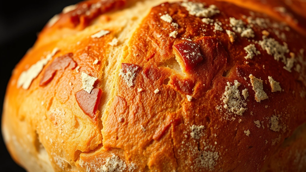 Close-up of golden-brown gluten-free bread loaf with perfect crust, steam visible, fresh from oven, crusty exterior, artisanal appearance, professional bakery quality