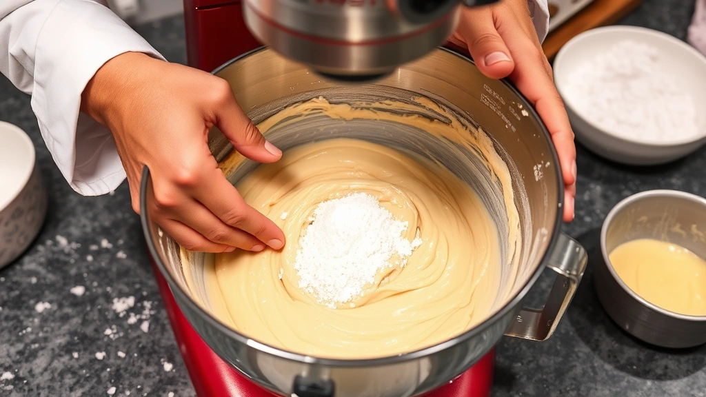 Baker's hands kneading smooth gluten-free dough in stand mixer bowl, xanthan gum mixture visible, glossy wet dough texture, kitchen counter setup with ingredients