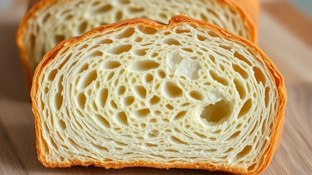 Sliced gluten-free bread loaf showing tender crumb structure, even distribution of air pockets, moist interior, perfect slice, golden color, ready to eat with butter