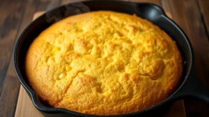 Golden-brown gluten-free cornbread fresh from cast iron skillet, steam rising, showing perfect tender crumb texture with corn kernels visible, rustic wooden table background