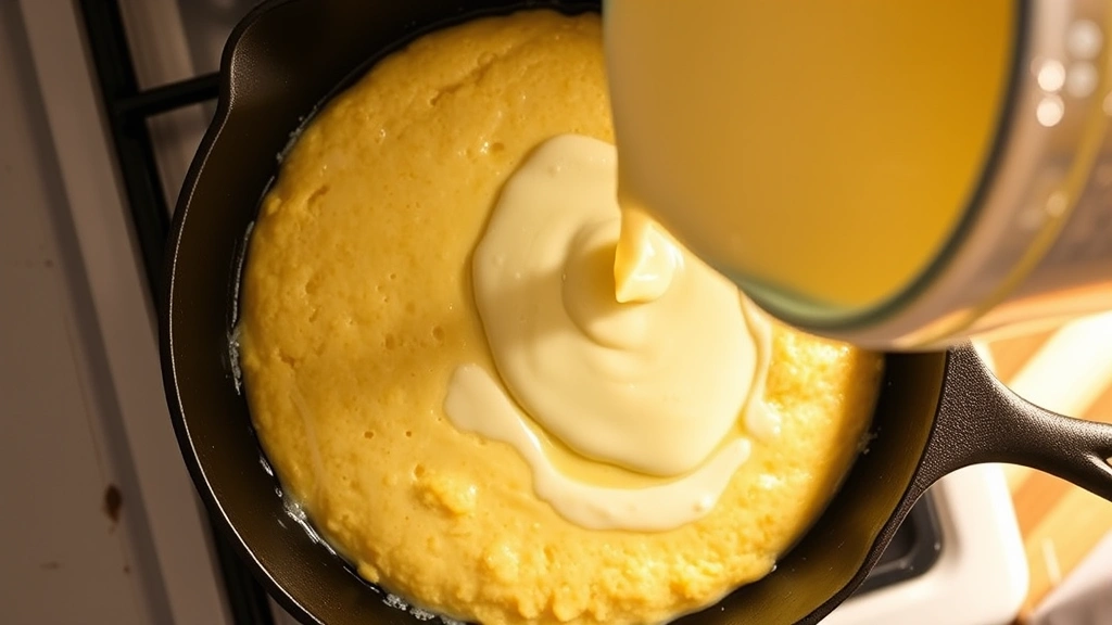 Overhead shot of gluten-free cornbread batter being poured into preheated cast iron skillet with melted butter, creating sizzle, warm kitchen lighting