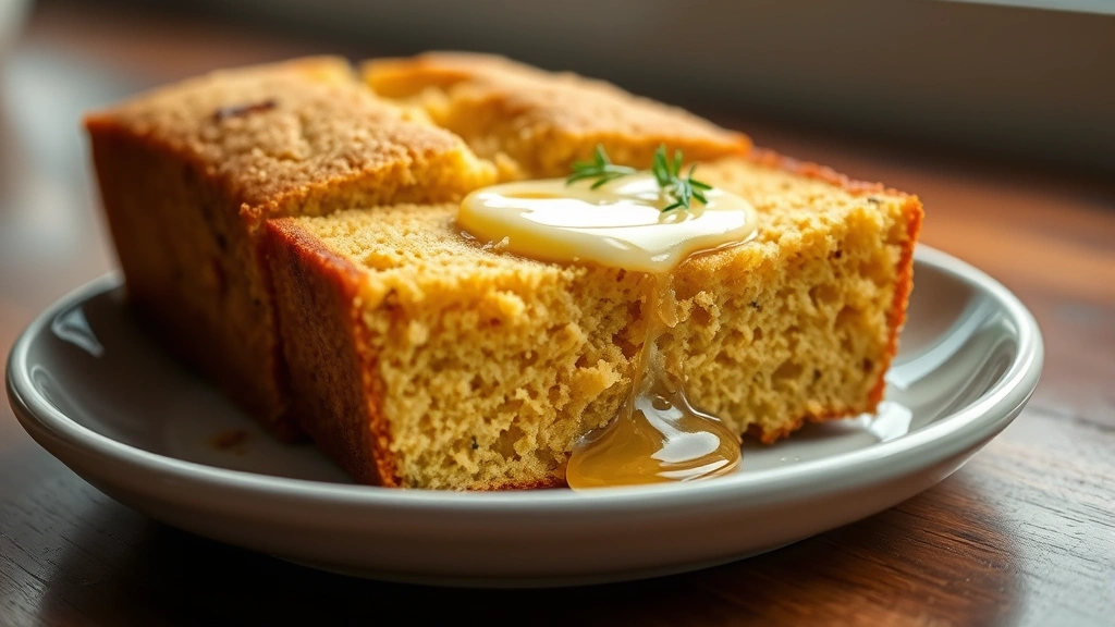 Sliced gluten-free cornbread on ceramic plate with honey butter melting on warm piece, fresh herbs garnish, soft natural window light, close-up of crumb structure