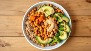 Overhead shot of colorful Buddha bowl with quinoa, roasted sweet potato, chickpeas, steamed broccoli, avocado slices, and tahini drizzle on white plate against wooden table