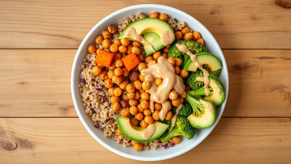 Overhead shot of colorful Buddha bowl with quinoa, roasted sweet potato, chickpeas, steamed broccoli, avocado slices, and tahini drizzle on white plate against wooden table