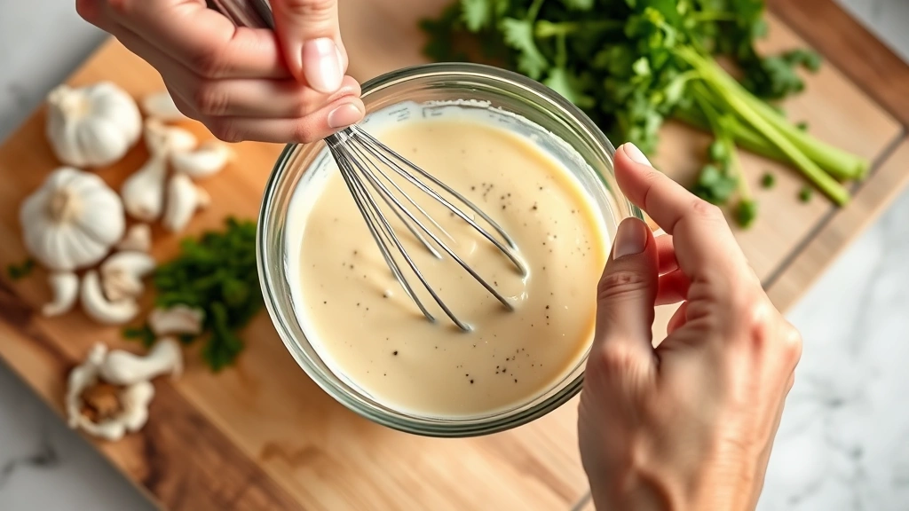 Close-up of hands whisking cashew cream sauce in glass bowl with fresh garlic and herbs visible on cutting board nearby, natural kitchen lighting