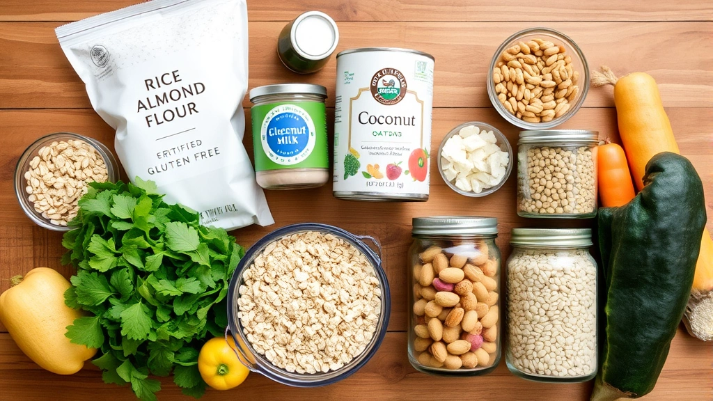 Flat lay of gluten-free pantry staples including rice flour, almond flour, certified gluten-free oats, coconut milk cans, legumes in glass jars, and fresh produce on wooden surface