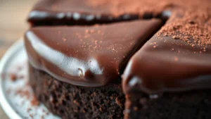 Close-up of silky smooth dark chocolate flourless cake with shiny ganache topping, slice partially removed showing fudgy crumb structure, dusted with cocoa powder, professional bakery photography, shallow depth of field