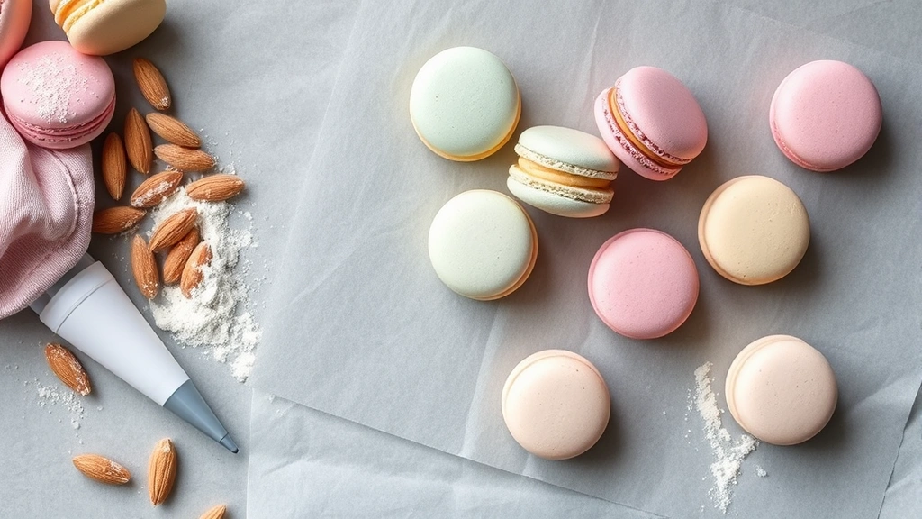 Overhead shot of French macarons in pastel colors arranged on parchment paper with macaron feet visible, alongside piping bag and almond flour scattered artfully, natural window lighting, food styling photography