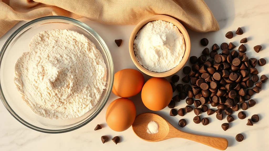 Rustic flat lay of gluten-free baking ingredients: almond flour in glass bowl, tapioca starch, xanthan gum, fresh eggs, chocolate chips, and wooden spoon on marble surface, warm golden lighting, baker's workspace aesthetic