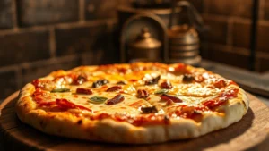 Close-up of golden-brown gluten-free pizza fresh from oven with melted cheese and toppings, steam rising, shallow depth of field, rustic wooden pizza peel visible