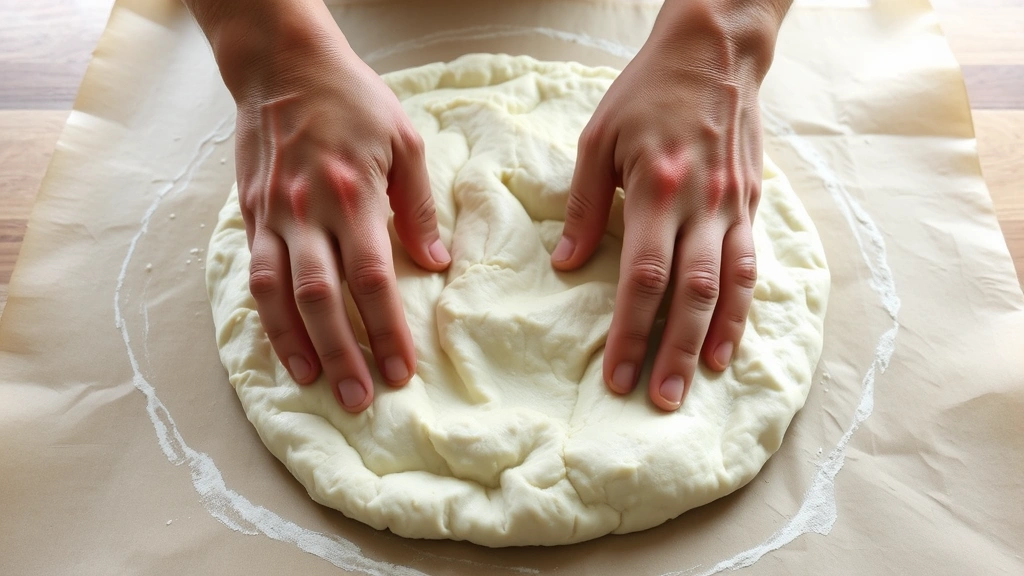 Hands stretching and shaping raw gluten-free pizza dough on parchment paper, natural kitchen lighting, showing the dough's texture and elasticity