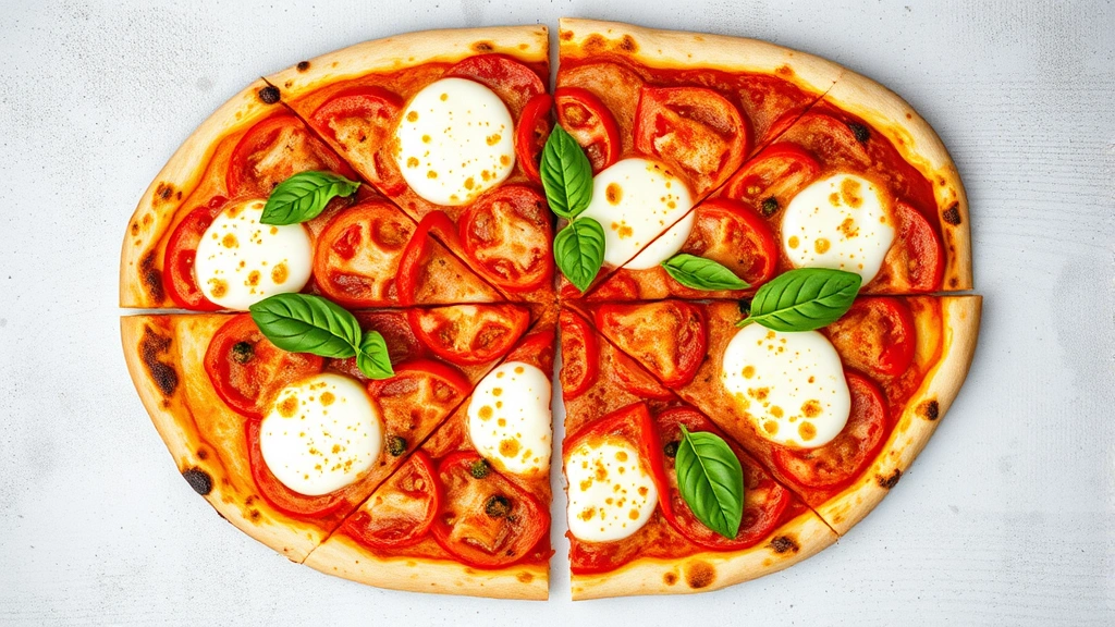 Overhead shot of finished gluten-free pizza sliced into quarters, vibrant toppings visible, mozzarella cheese with golden spots, fresh basil garnish, natural daylight
