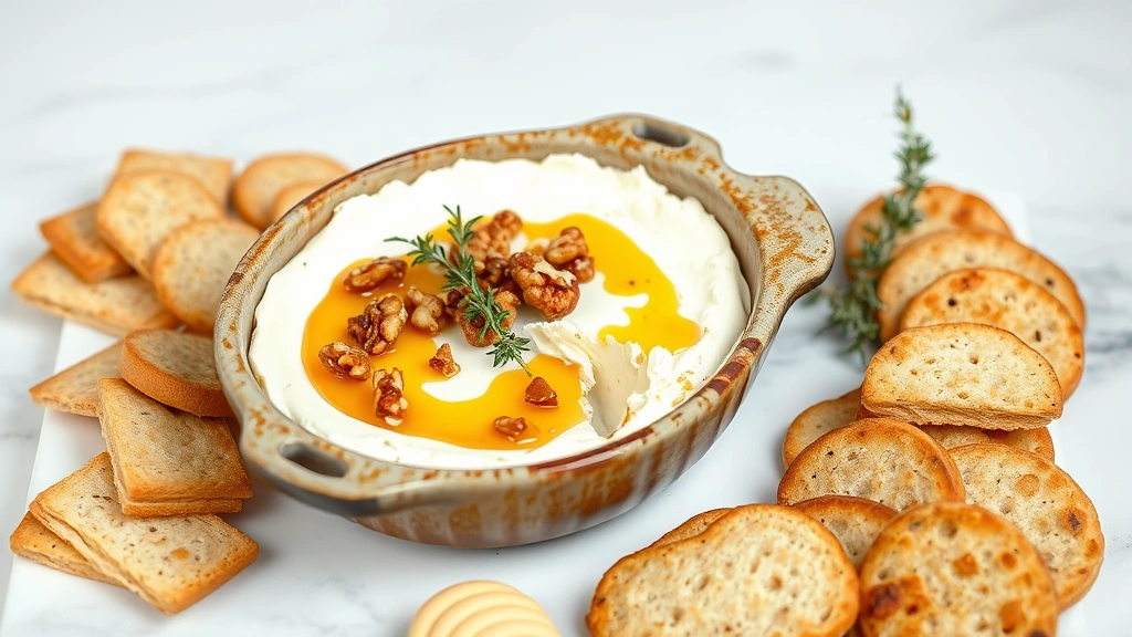 Creamy baked goat cheese in rustic ceramic dish with golden honey drizzle, toasted walnuts, and fresh thyme sprigs, served alongside assorted crackers and bread slices on white marble countertop