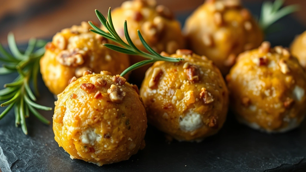 Close-up of golden honey walnut goat cheese balls garnished with fresh rosemary sprigs on dark slate plate with warm natural lighting
