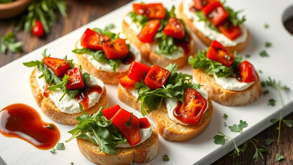 Elegant platter of goat cheese crostini topped with fresh arugula, roasted red peppers, and balsamic glaze reduction, arranged on white serving board with fresh herbs scattered around