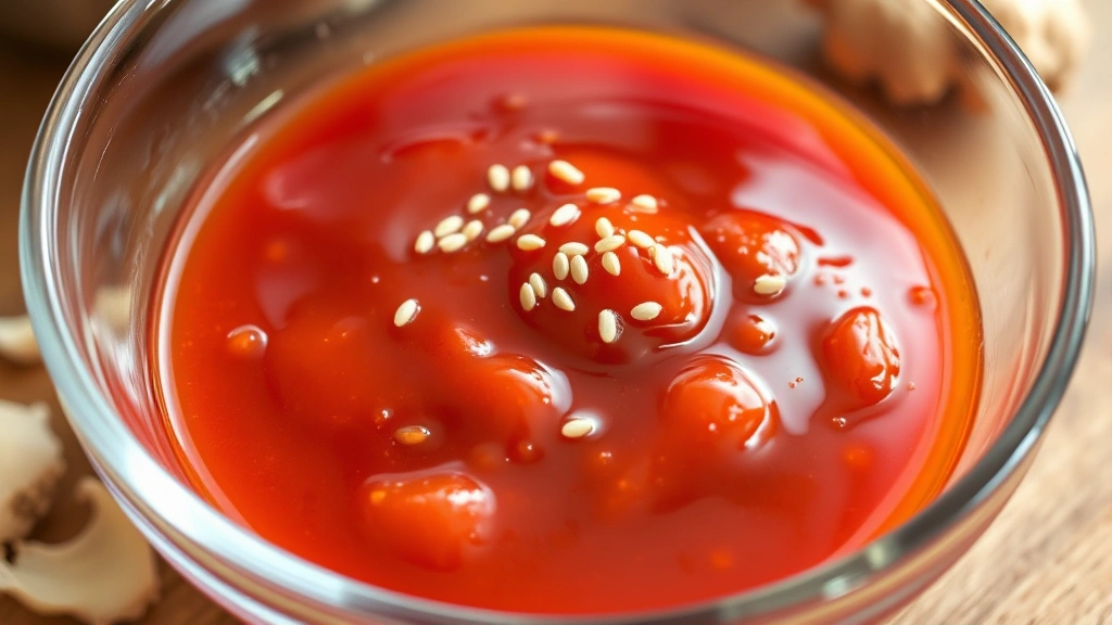 Glass bowl containing vibrant red gochujang sauce with glossy surface, sesame seeds scattered on top, fresh minced garlic and ginger visible nearby, warm kitchen lighting