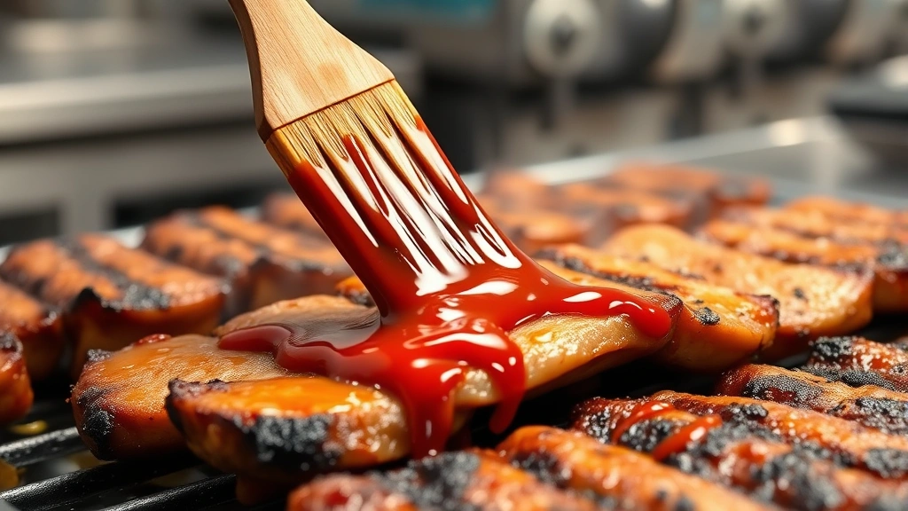 Close-up of gochujang sauce being brushed onto grilled meat with pastry brush, caramelized edges visible, steam rising, professional kitchen background
