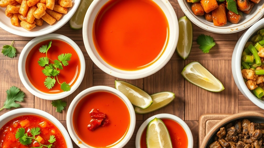 Overhead shot of gochujang sauce in small white ceramic bowls arranged on wooden table, surrounded by fresh cilantro, lime wedges, and Korean side dishes, natural daylight
