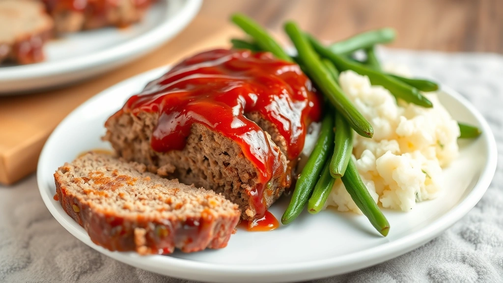 Perfectly cooked meatloaf with caramelized ketchup glaze on top, sliced to show tender interior, served on white plate with mashed potatoes and steamed green beans