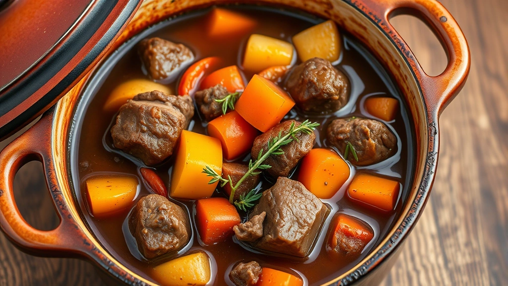 Rustic Dutch oven containing rich beef stew with tender meat chunks and colorful root vegetables in glossy brown broth, fresh thyme sprigs garnishing the top