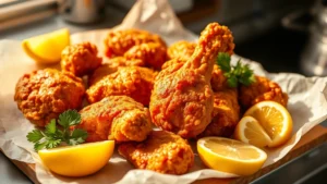 Golden-brown fried chicken pieces glistening on white parchment paper with fresh lemon wedges and parsley garnish, warm afternoon kitchen lighting