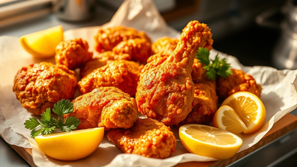 Golden-brown fried chicken pieces glistening on white parchment paper with fresh lemon wedges and parsley garnish, warm afternoon kitchen lighting