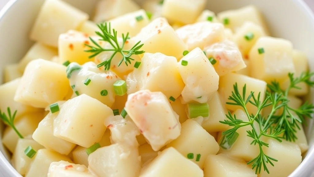 Creamy potato salad with diced potatoes, celery, and fresh dill in a white ceramic bowl, garnished with paprika and chive tops