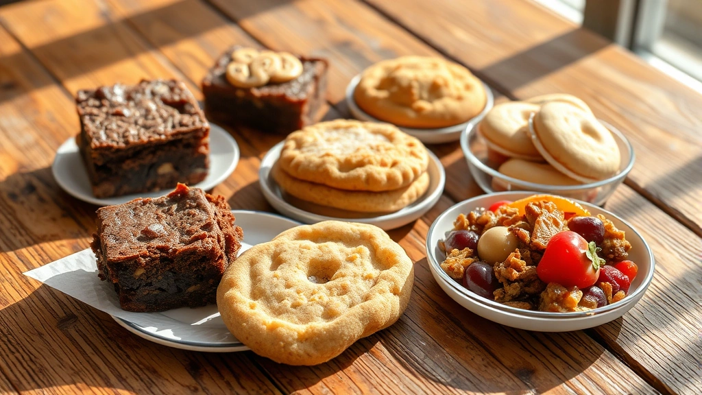Assorted homemade desserts on rustic wooden table: brownies, sugar cookies, and fruit crisp, natural sunlight streaming across warm textures