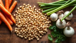 Overhead shot of dried great northern beans scattered on a wooden surface next to fresh carrots, celery, and onions, natural lighting, rustic kitchen setting